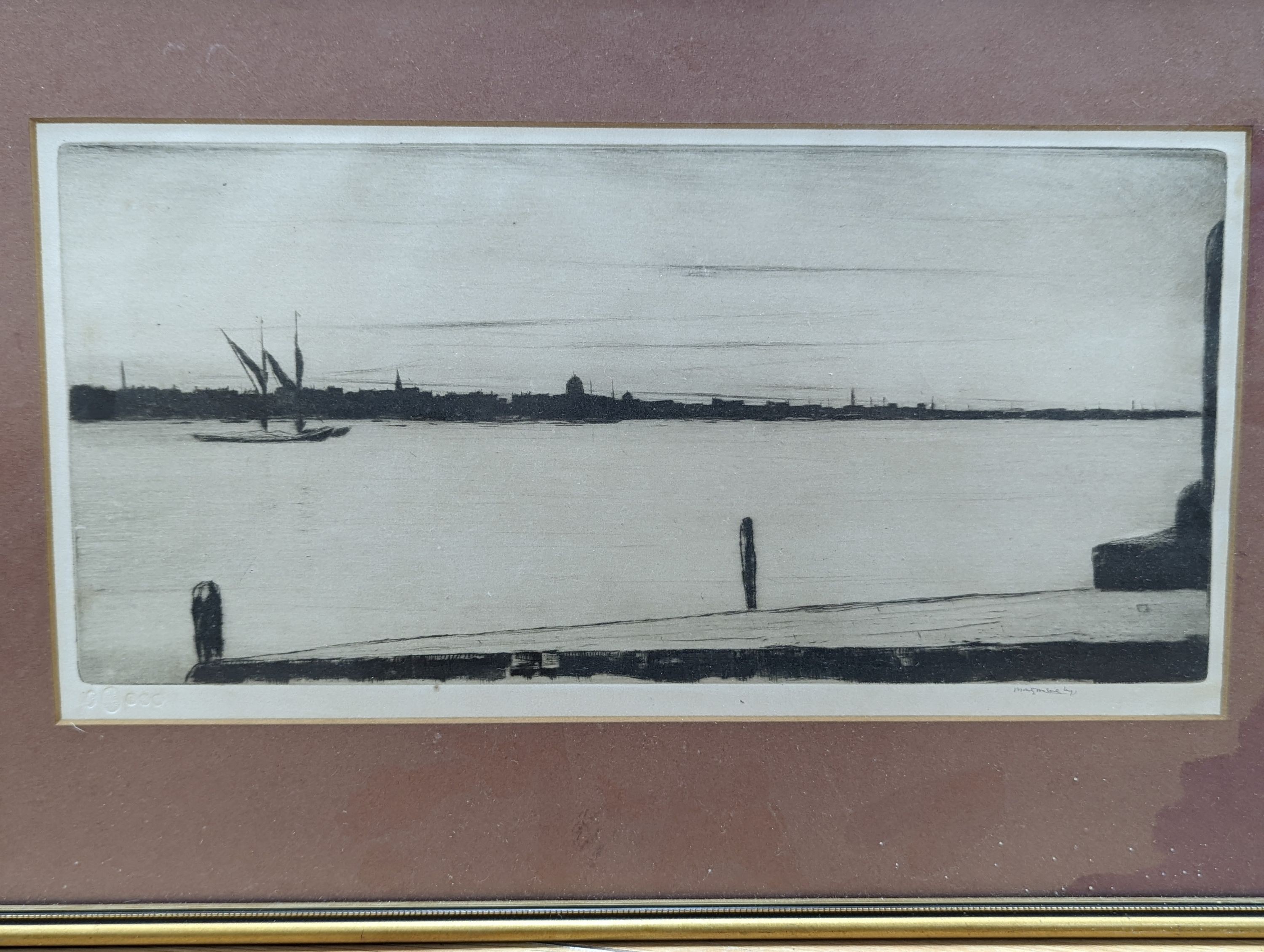 Arthur Cherry, etching, 'Fleet Street', signed in pencil, 11 x 8cm and a Scottish School, drypoint etching, Estuary scene, signed in pencil, 15 x 33cm